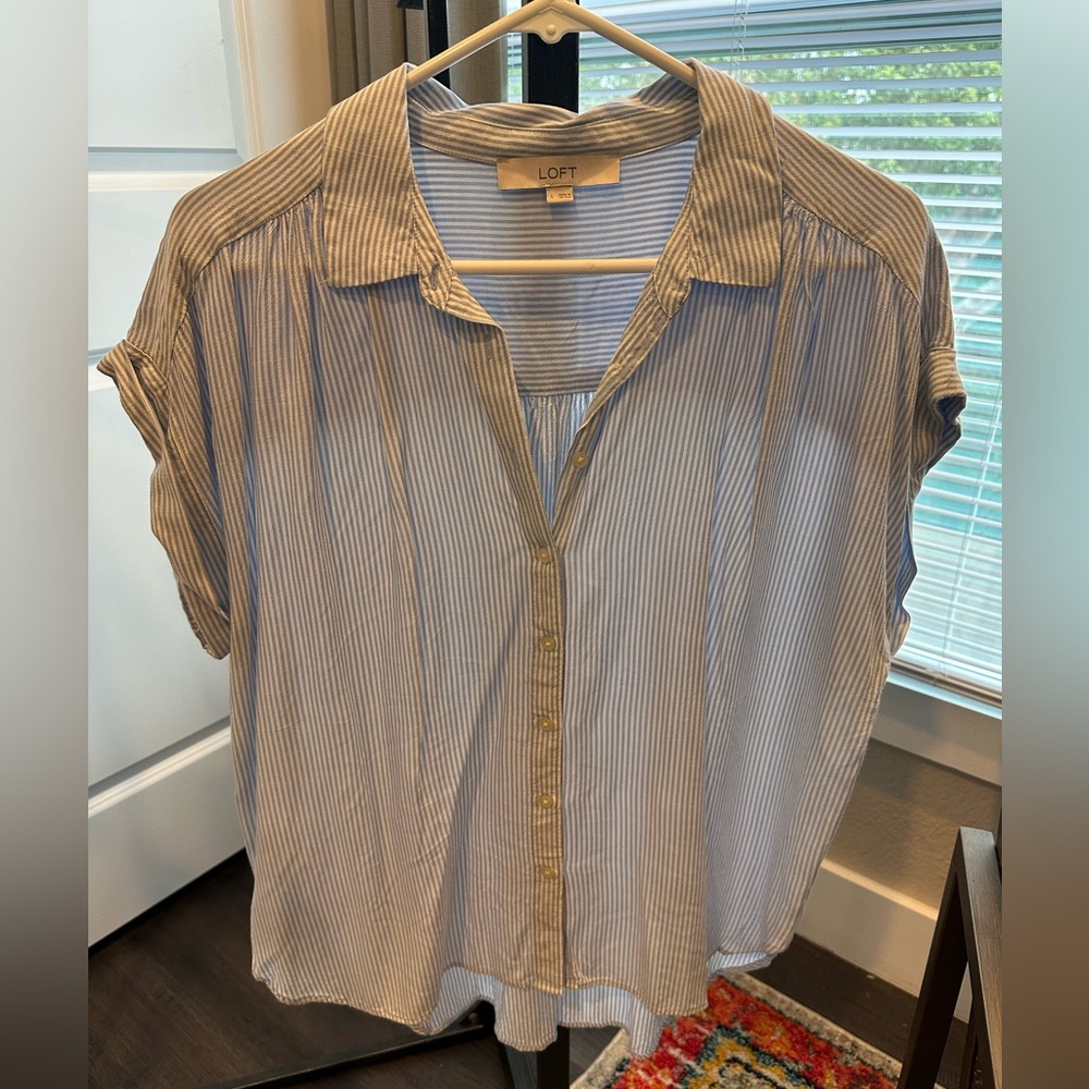 LOFT Light Blue and White Striped Collared Button Shirt